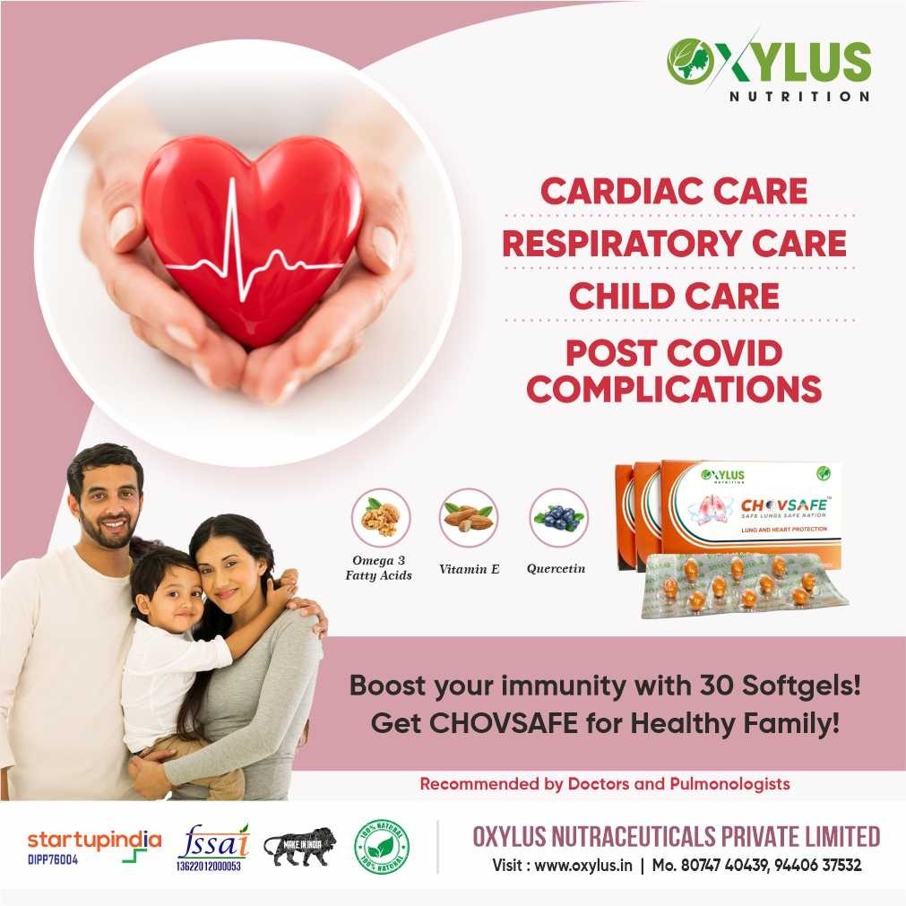 CHOVSAFE® - SAFE LUNGS SAFE NATION
India's First Nutraceutical Lung Protectant.
Clinically approved by European &amp; American Researchers. 

For orders:
Visit - Amazon, Flipkart
Call: 9440637532
Oxylus Nutraceuticals Private Limited 

#chovsafe #oxylus #pavankumarmakani  #lunghealth