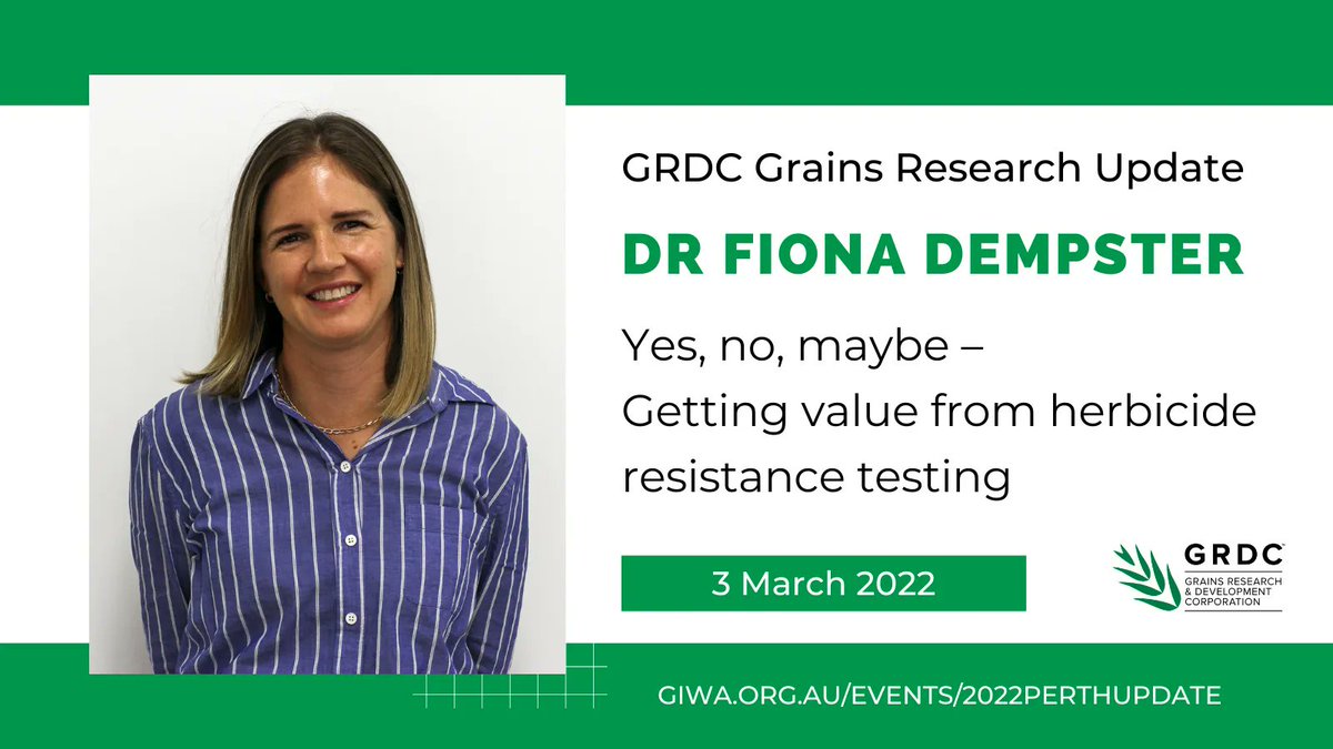 AHRI_Team's tweet photo. Dr Fiona Dempster worked closely with AHRI's @robbert115 to quantify the use and potential value of herbicide resistance info 🌱

Catch @FG_piccadilly's presentation at the upcoming @theGRDC Grains Research Update on 3 Mar 2022.

Free virtual event ➡️ https://t.co/KEeowbQYYb https://t.co/IWDlqiUTht