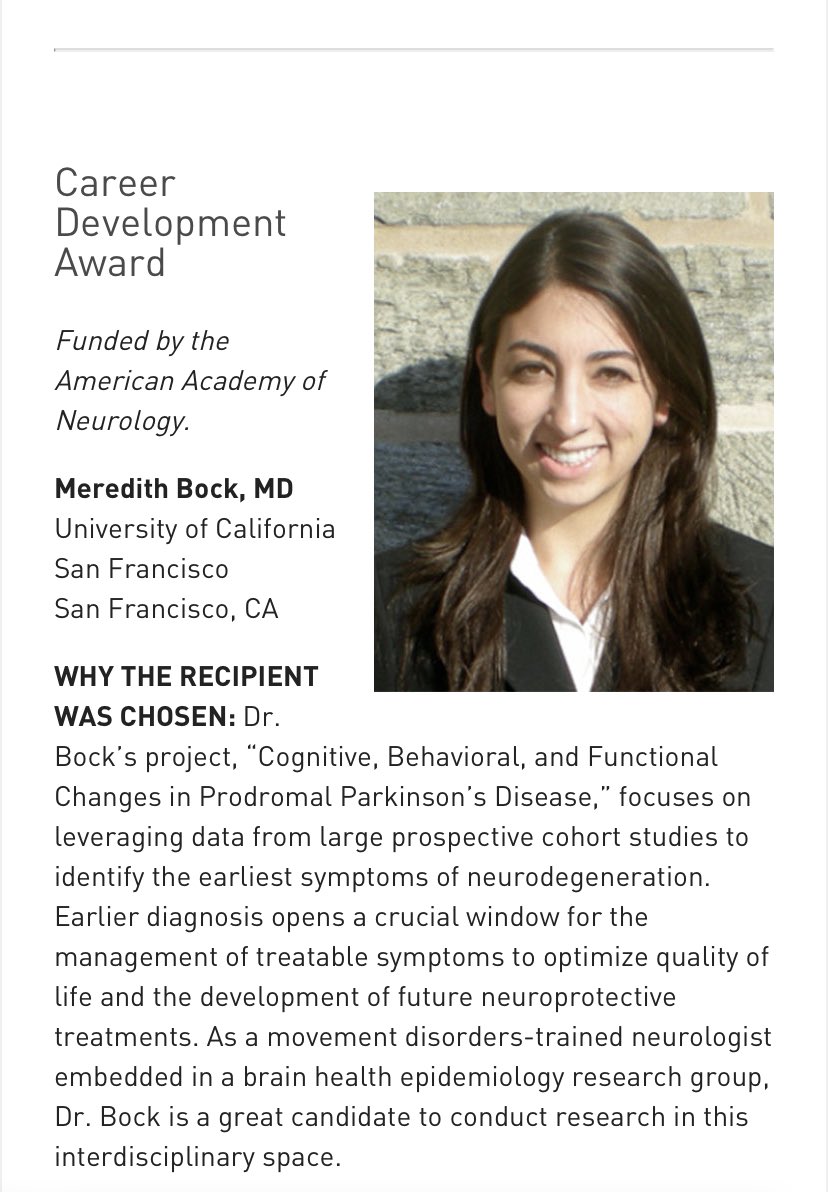 Honored and excited to receive this support from @AANMember for work with <a href="/UCSFpopbrain/">UCSF Center for Population Brain Health (K. Yaffe)</a> and <a href="/KristineYaffe/">Kristine Yaffe</a> to better understand the earliest stages of neurodegeneration in Parkinson’s disease
