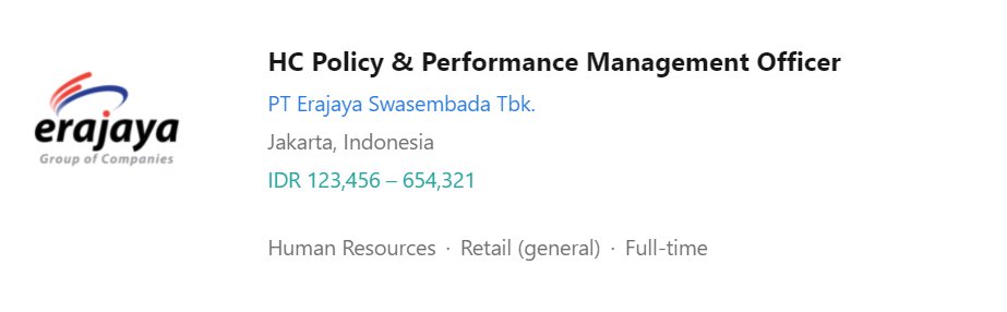 Setahu gw erajaya tuh sering bukanya di jobstreet sm LinkedIn Jobs doang hehe. 

btw ngisi nominal gaji kek ngisi harga jual di FJB Facebook 😂😂😂