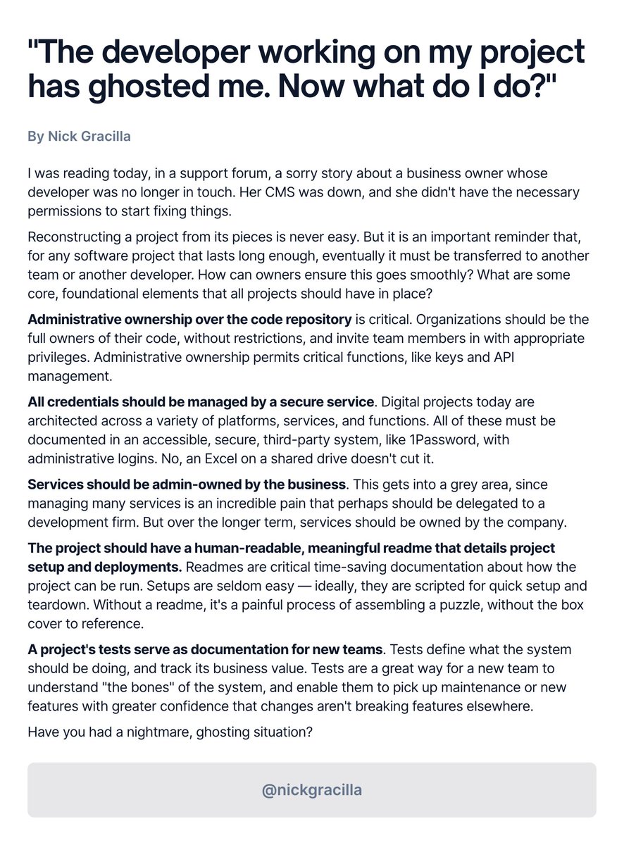nickgracilla's tweet photo. If your lead engineer suddenly disappeared, could your organization transfer its projects to a new developer easily?
It's easier to plan ahead than experience this first hand. Here are some good first steps:
#ship30for30 #codetransfer #bestpractices https://t.co/aQrgogn1Iv