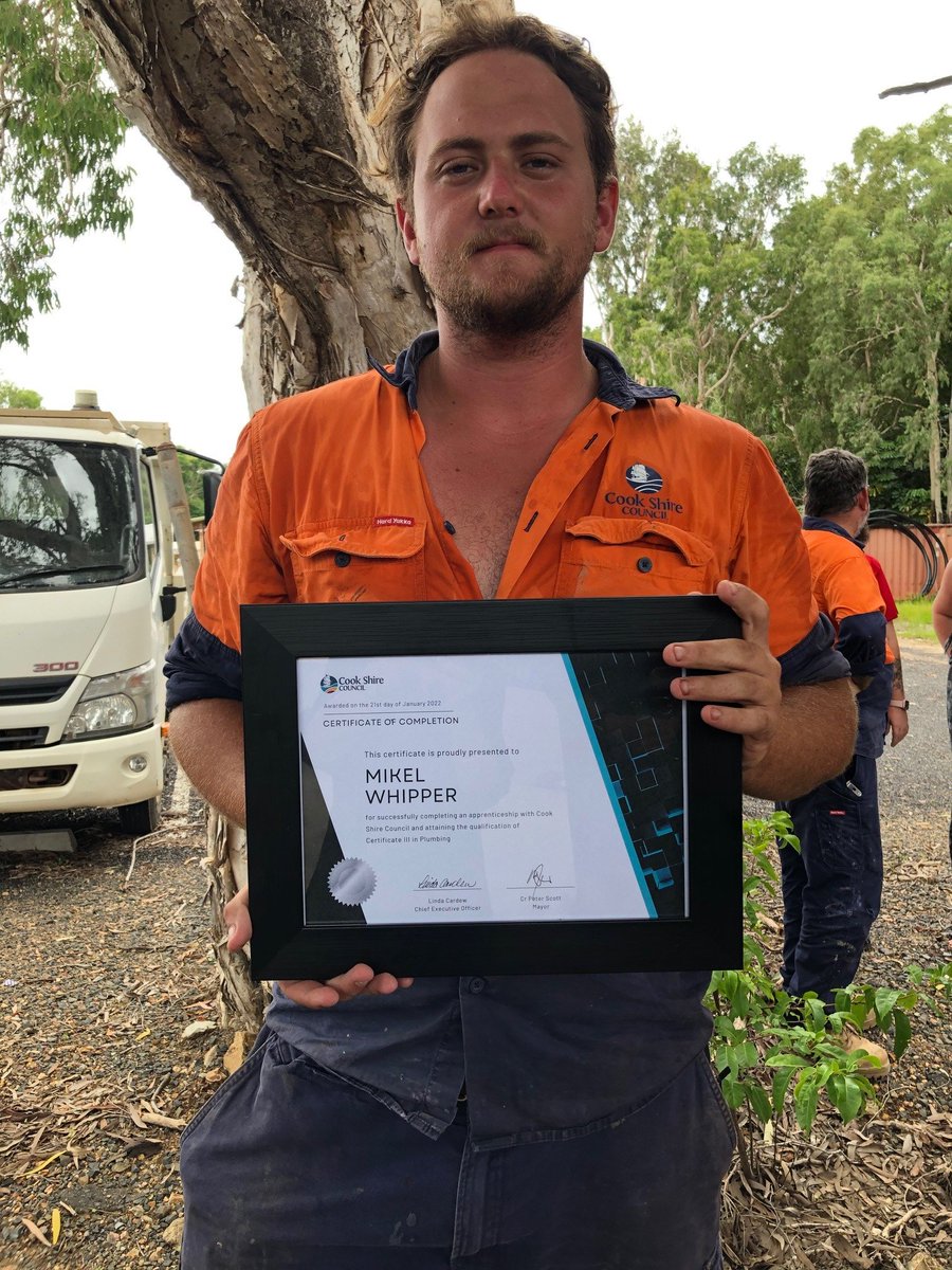 CookShire's tweet image. After four dedicated years as an apprentice plumber in Council’s hardworking Water and Wastewater team, it’s congratulations and farewell to Cooktown local, Mikel Whipper, who completed his plumbing apprenticeship with Council this month.

#apprenticeships #apprenticeshipswork