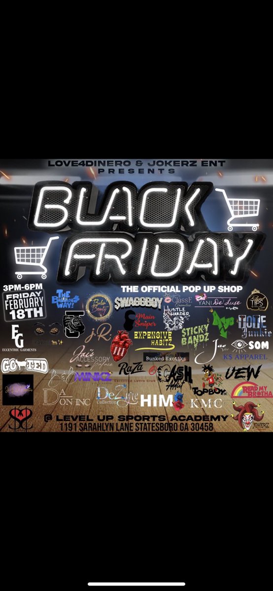 royaltipsllc's tweet photo. Come out and support ALL vendors @JokerzEnt_ Black Friday Pop-Up Shop from 3pm-6pm at the Level Up Sports Academy 🥳🥳Raffle tickets, wine, &amp; more goodies will be at my table. 🖤#statesboro #fypシ #gsu https://t.co/A8Oe9jJWQ3
