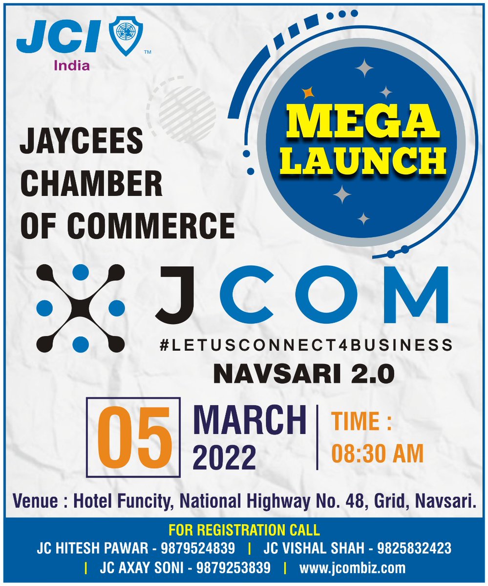 JcomNavsari2's tweet image. 🎉Mega Launching on 5th March, 2022 of JCOM Navsari 2.0 !🎉
Best platform for entrepreneur to connect and grow business !
#JCOM #jcom #jcomnavsari #navsari #navsarians #navsaricity #navsarinews #BusinessConnect #businessconnection #growyourbusiness