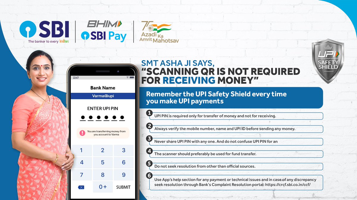 TheOfficialSBI's tweet photo. You must always verify the UPI ID before fund transfer.
Remember the safety tips every time you make UPI payments.
#UPITips #BHIMSBIPay #Safety #CyberSafety #AmritMahotsav #AzadiKaAmritMahotsavWithSBI https://t.co/8Mfqgn3Hcr