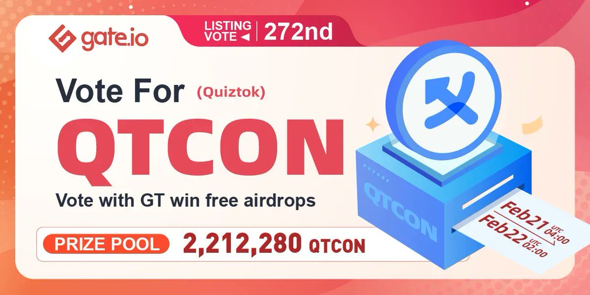 #Gateio 272nd Listing Vote <a href="/quiztokkr/">퀴즈톡</a>

⏱️Time: 21 Feb 04:00 - 22 Feb 02:00 UTC 

Vote for $QTCON &amp; Share 1,229,050 QTCON Airdrop
A Total of 983,230 QTCON Special Rewards

➡️Join: Gate.io/questionnaire/… 
➡️Vote: Gate.io/poll/votelist/… 
➡️Details: Gate.io/article/25320/…