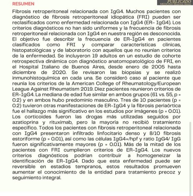 Articulo completo 
medicinabuenosaires.com/revistas/vol82…

#retroperitonealfibrosis
#chronicrenalinsufficiency
#ureteralobstruction
#autoimmunity
#inmunología 
#insuficienciarenal