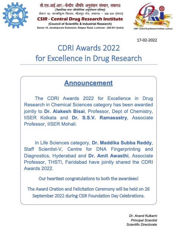 S. S. V. Ramasastry (@ramsastrys) on Twitter photo Glad to be a recipient of the 'CDRI Award for Excellence in Drug Research 2022'. Particularly happy to share it with my friend <a href="/AlakeshBisai/">Alakesh Bisai</a>. Gratefully dedicate it to all my co-workers <a href="/IiserMohali/">IISER Mohali</a>. Sincerely thank <a href="/CSIR_IND/">CSIR, India</a> <a href="/srivaric/">chandra Srivari</a> <a href="/CSIR_CDRI/">CSIR-CDRI</a> <a href="/DSReddy_IIIM/">DSReddy</a> <a href="/serbonline/">SERB</a> Glad to be a recipient of the 'CDRI Award for Excellence in Drug Research 2022'. Particularly happy to share it with my friend <a href="/AlakeshBisai/">Alakesh Bisai</a>. Gratefully dedicate it to all my co-workers <a href="/IiserMohali/">IISER Mohali</a>. Sincerely thank <a href="/CSIR_IND/">CSIR, India</a> <a href="/srivaric/">chandra Srivari</a> <a href="/CSIR_CDRI/">CSIR-CDRI</a> <a href="/DSReddy_IIIM/">DSReddy</a> <a href="/serbonline/">SERB</a>
