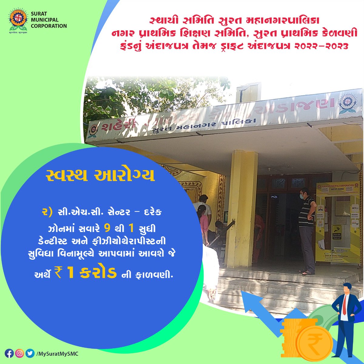 vijayradadiya88's tweet photo. ડ્રાફ્ટ બજેટ હાઈલાઇટ્સ: સ્થાયી સમિતી, @MySuratMySMC દ્વારા રજૂ કરવામાં આવેલ વર્ષ ૨૦૨૨-૨૩નું ડ્રાફ્ટ બજેટની વિગતવાર માહિતી અને #budgetupdates માટે MySuratMySmc સોશીયલ મીડીયા પેજીસ જરૂરથી સબ્સ્ક્રાઇબ કરો. #ShuKhabarSurat #No1BanegaSurat
#SMC #SMCBudget #budget https://t.co/ph5lR22jtB