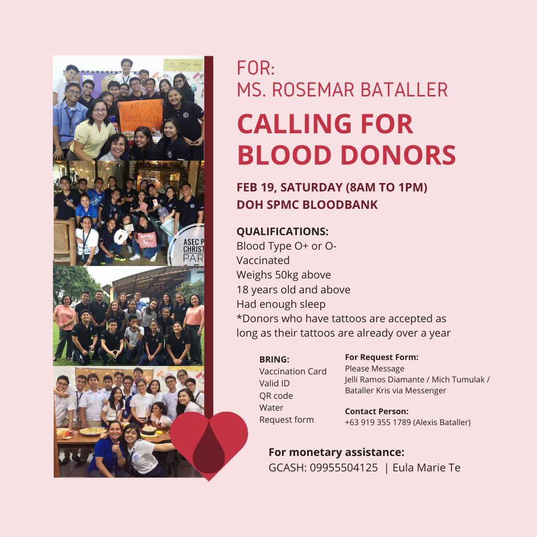 jellidiamante's tweet photo. CALLING FOR BLOOD DONORS!!!!!

FOR PATIENT ROSEMAR BATALLER

DOH SPMC Bloodbank
Feb. 19, SATURDAY
Type: O+ or O-

For monetary assistance:
GCash: 09955504125 | Eula Marie Te

See picture for more details. https://t.co/gnh4TpAyJi