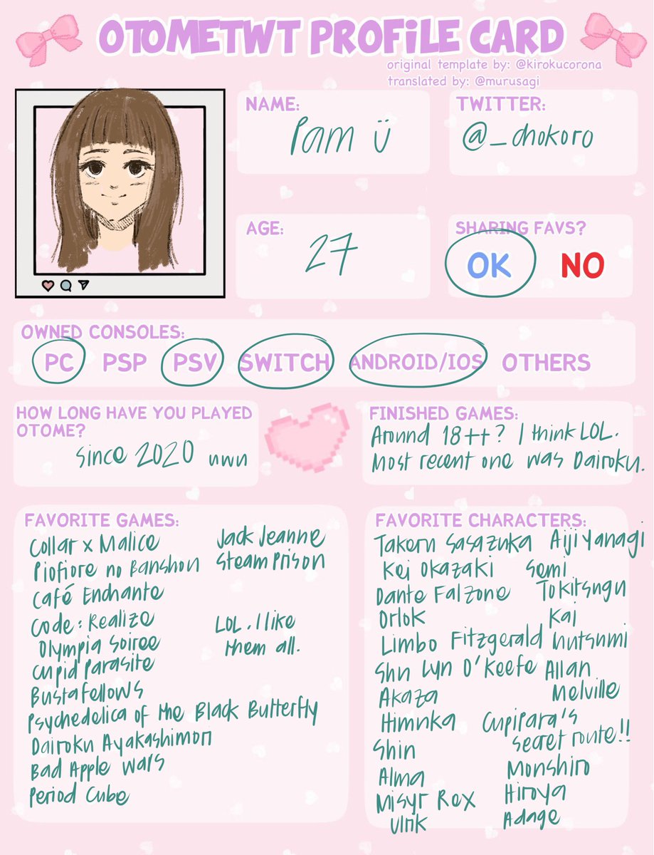 _chokoro's tweet photo. doing this since i'm new here 😆 so far, everyone has been so kind and welcoming! happy to be here!! #otometwtintro https://t.co/F0IOvNB760