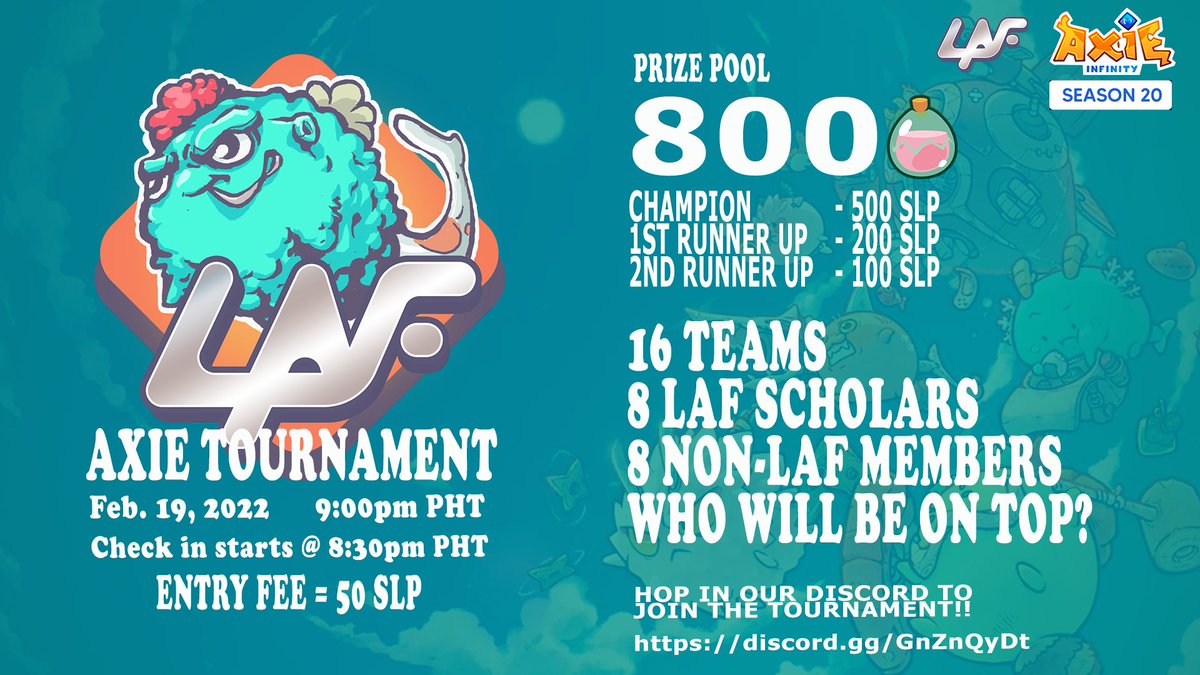 llevans_axie's tweet photo. LAF Scholar Tournament this Saturday! Details and Discord link below 👇 https://t.co/Mkvmff9EmU