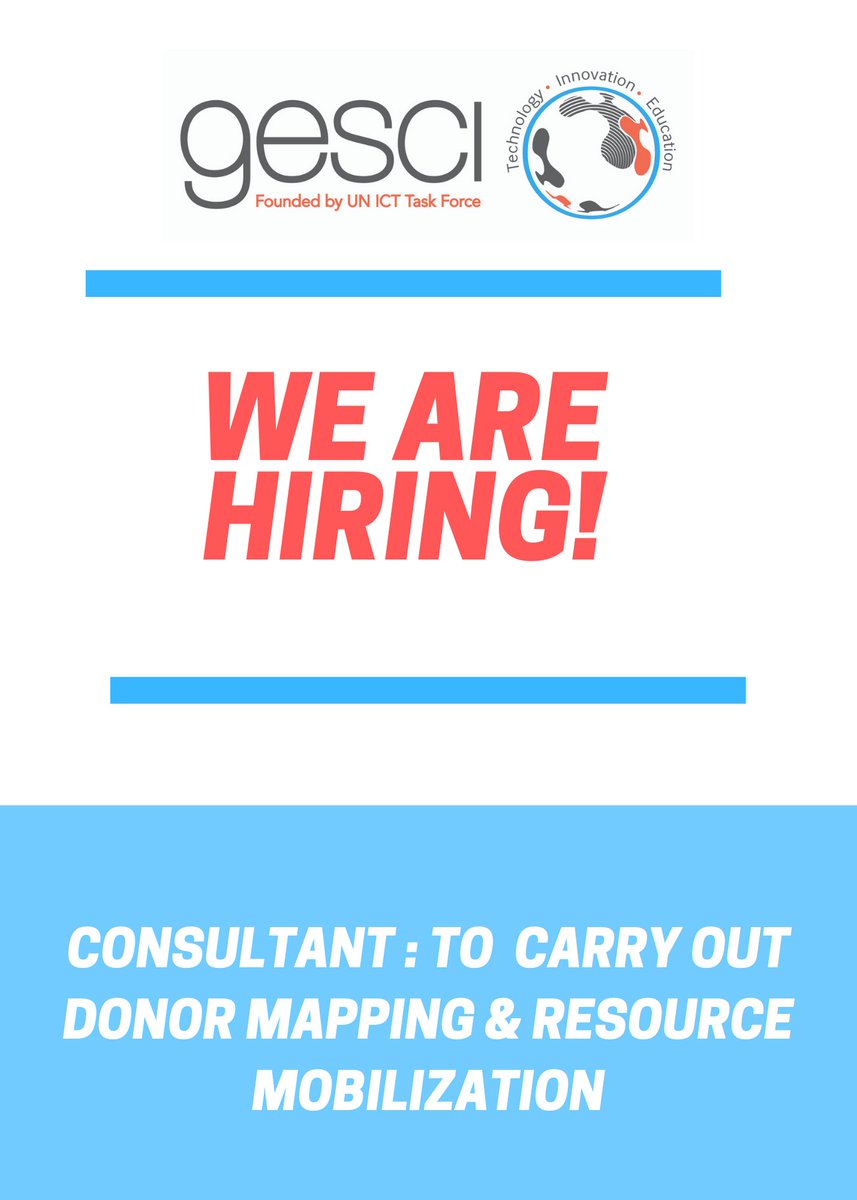 GESCI's tweet photo. #JobAlert: We are looking for a consultant to carry out donor mapping and resource mobilization. Here are the terms of reference: https://t.co/02i0GroJml
#VacancyAnnouncement
#ShortTermConsultancy #ResourceMobilzation #donormapping #NGOfundraising https://t.co/iTd7hNiCMI