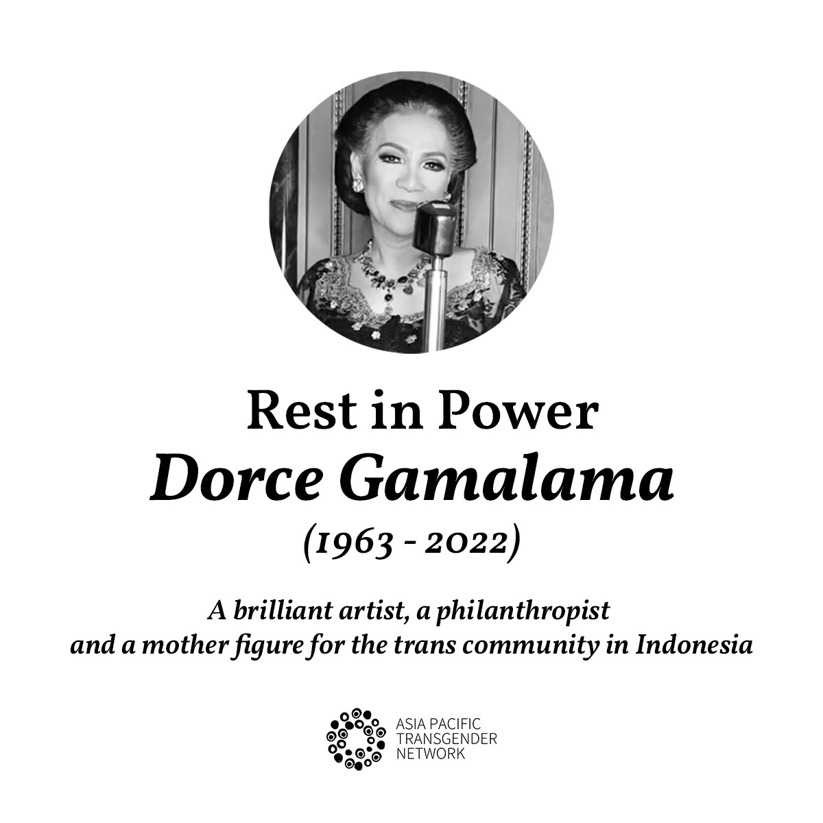 WeAreAPTN's tweet photo. NEWS: Dorce Gamalama, a renowned Indonesian presenter passed away on the 16th of February, 2022.

#Indonesia #Dorce #DorceGamalama #TransArtist https://t.co/eShvrYPZFP