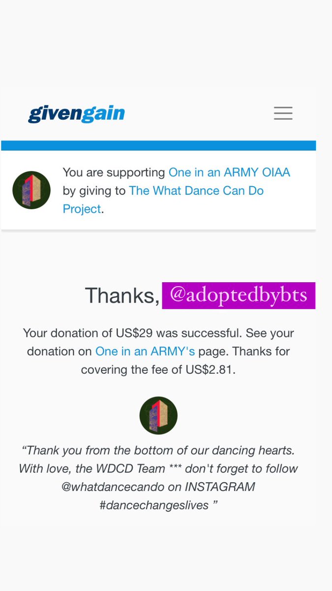 AdoptedbyBTS's tweet photo. I love the @OneInAnARMY bday projects. They always feel so thoughtful and are a cause @BTS_twt would like, and they look for orgs worldwide ๐
Donating $29 for Hobiโs birthday (Korean age)!
#ํธ๋น์์ผใ
ใ
#HappyBirthdayJHope
#HAPPYJHOPEDAY
#HopeRightHere
#dancechangeslives https://t.co/i1NTgUuejT