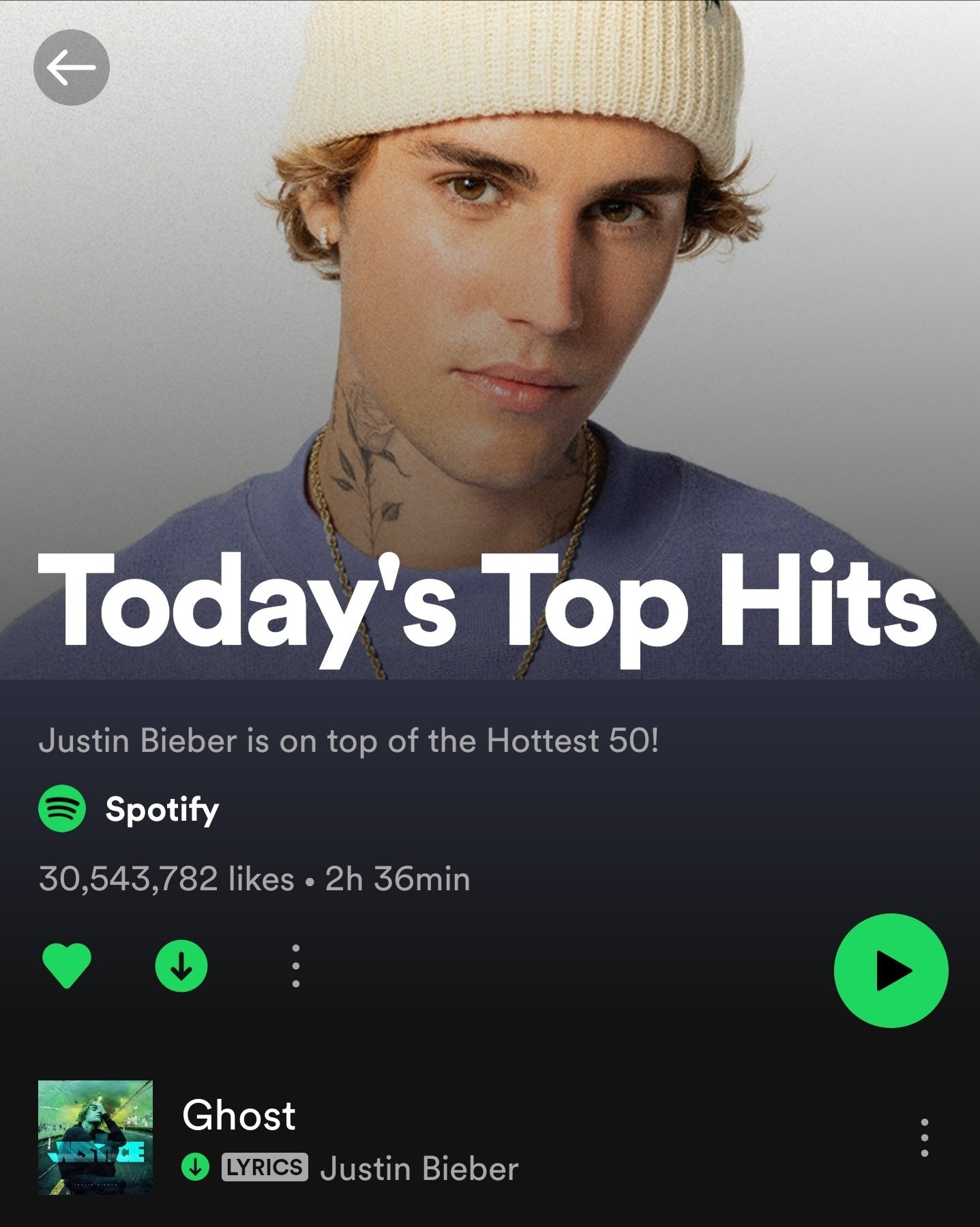 JBA on X: .@Justinbieber's Ghost is now the #1 song on Spotify's  playlist 'Today's Top Hits.' — The single simultaneously holds the #1 Best  Net Positive score on National Callouts ratings for