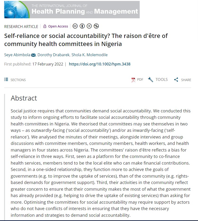 seyeabimbola's tweet photo. Please read our new 'realist' paper on how communities make sense of their role in health system governance

Self-reliance or social accountability? The raison d'être of community health committees in Nigeria https://t.co/SrNcpyr2tS

co-authored with @dorothydrabarek &amp; @DrDelwu https://t.co/ngMuWDDBpd