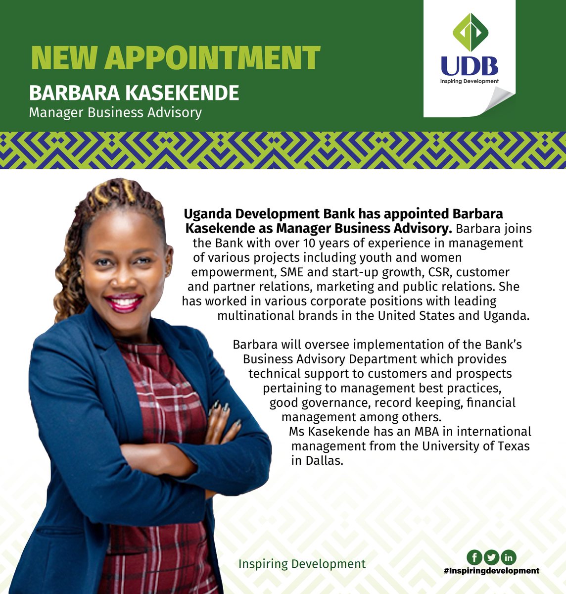 UDB_Official's tweet photo. NEW APPOINTMENT: Join us as we welcome Barbara Kasekende to the Uganda Development Bank Limited family.
#Inspiringdevelopment
#UDBBetterUganda https://t.co/PMJIfVbP76