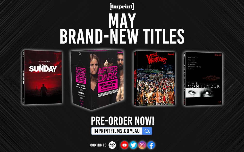 A perfect way to end the week is to announce these LIMITED EDITIONS and BRAND- NEW TITLES!

#TheWarriors 
#AfterDark: #NeoNoirCinema Collection One
#BloodySunday  
#TheContender 

PRE-ORDER NOW!
viavision.com.au/shop/imprint-b…

#LetsImprint

#BluRay #PhysicalMedia #MovieRecommendation