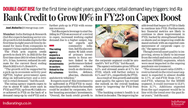 IndiaRatings's tweet photo. #IndiaRatingsFeatured on @EconomicTimes
'Bank Credit to Grow 10% in FY23 on Capex Boost'
Read more: https://t.co/wyGQYq8HDr
#IndiaRatings #NPA #Banks #CreditDemand #Outlook #FY23 https://t.co/KjgJwOyVL8