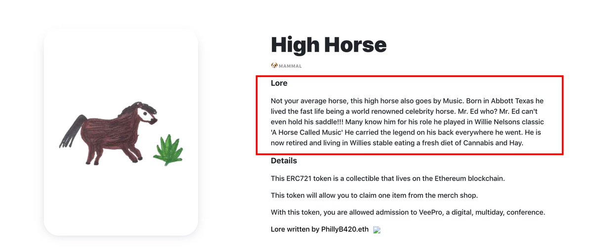 VeeEnemiesNFT's tweet photo. "High Horse"

Lore Competition Winner
@PhillyB420 https://t.co/xnCtY9rZKu