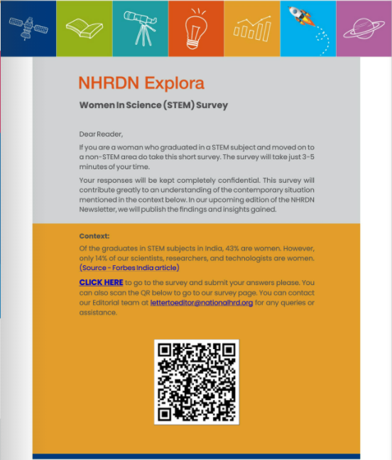 NHRDN's tweet photo. Last Chance to voice your #opinion in #NHRDNExplora seeking reasons why 43% are #WomenInSTEM graduates in India. However, only 14% are Scientists, Researchers &amp; Technologists!
Participate here- https://t.co/hIR4EaVTg6 https://t.co/8Ml1sBYZv6