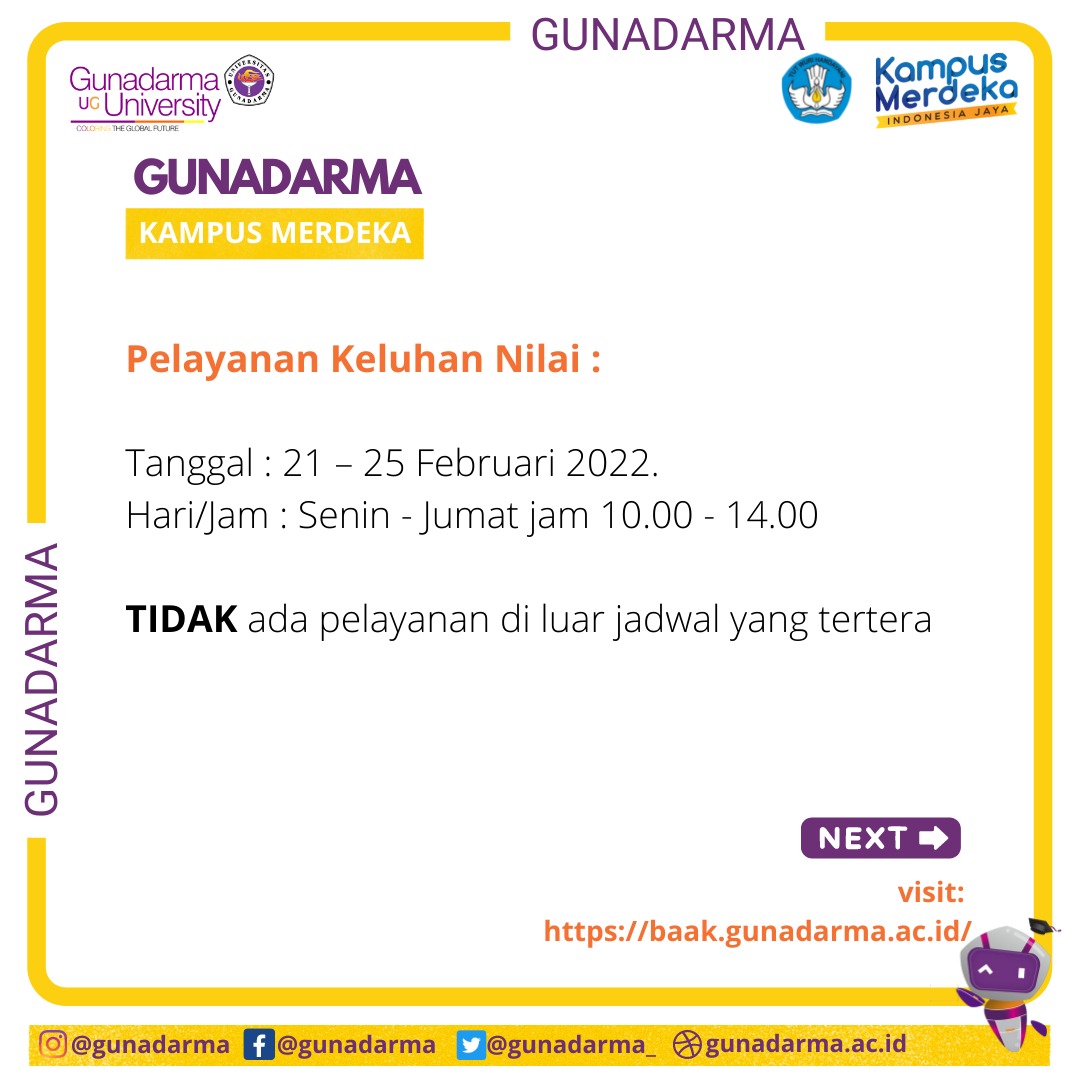 gunadarma_'s tweet photo. [GUNADARMA KAMPUS MERDEKA]

Pengajuan Keluhan Nilai Ujian Utama PTA 2021/2022.

Info selengkapnya, visit laman https://t.co/Wstiy5PrM3

#gunadarma
#kampusmerdeka https://t.co/IiC1TV2FfT