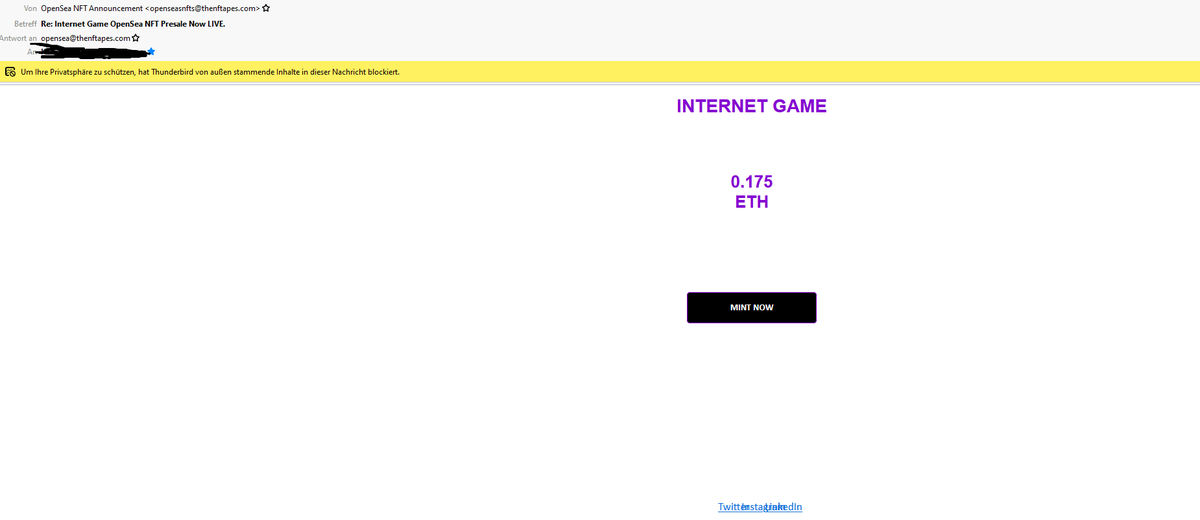 perri7o's tweet photo. Wow, they nearly got me here. How could i miss out a NFT mint for "INTERNET GAME". Sophisticated Scam-Mail. Impressive. https://t.co/Vs6ygnp9Yp