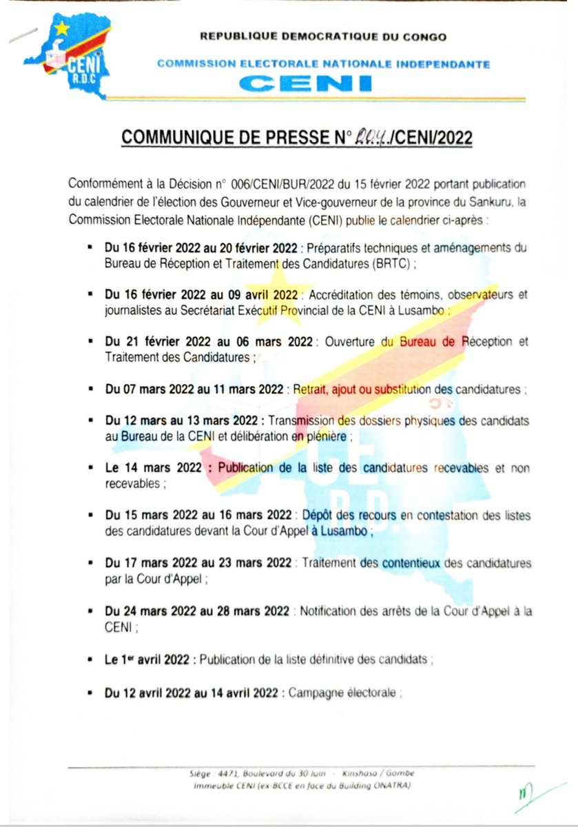 cenirdc's tweet photo. COMMUNIQUÉ | La @cenirdc publie le calendrier de l'élection du Gouverneur et Vice-gouverneur de la province du Sankuru. https://t.co/MqxPKUtzUj