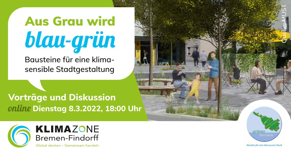 Aus Grau wird blau-grün: Bausteine für eine klimasensible #Stadtgestaltung. Planungsempfehlungen für die #Schwammstadt. Mit Ronny Meyer <a href="/SKUMS_HB/">bauumwelt.bremen</a>, MUST Städtebau u. <a href="/umweltHB/">Ulf Jacob 🇺🇦</a>  #DBUProjekt <a href="/umweltstiftung/">DBU</a> 
Am Dienstag, 8. März ⏰18 Uhr online👉hier anmelden us06web.zoom.us/meeting/regist…
