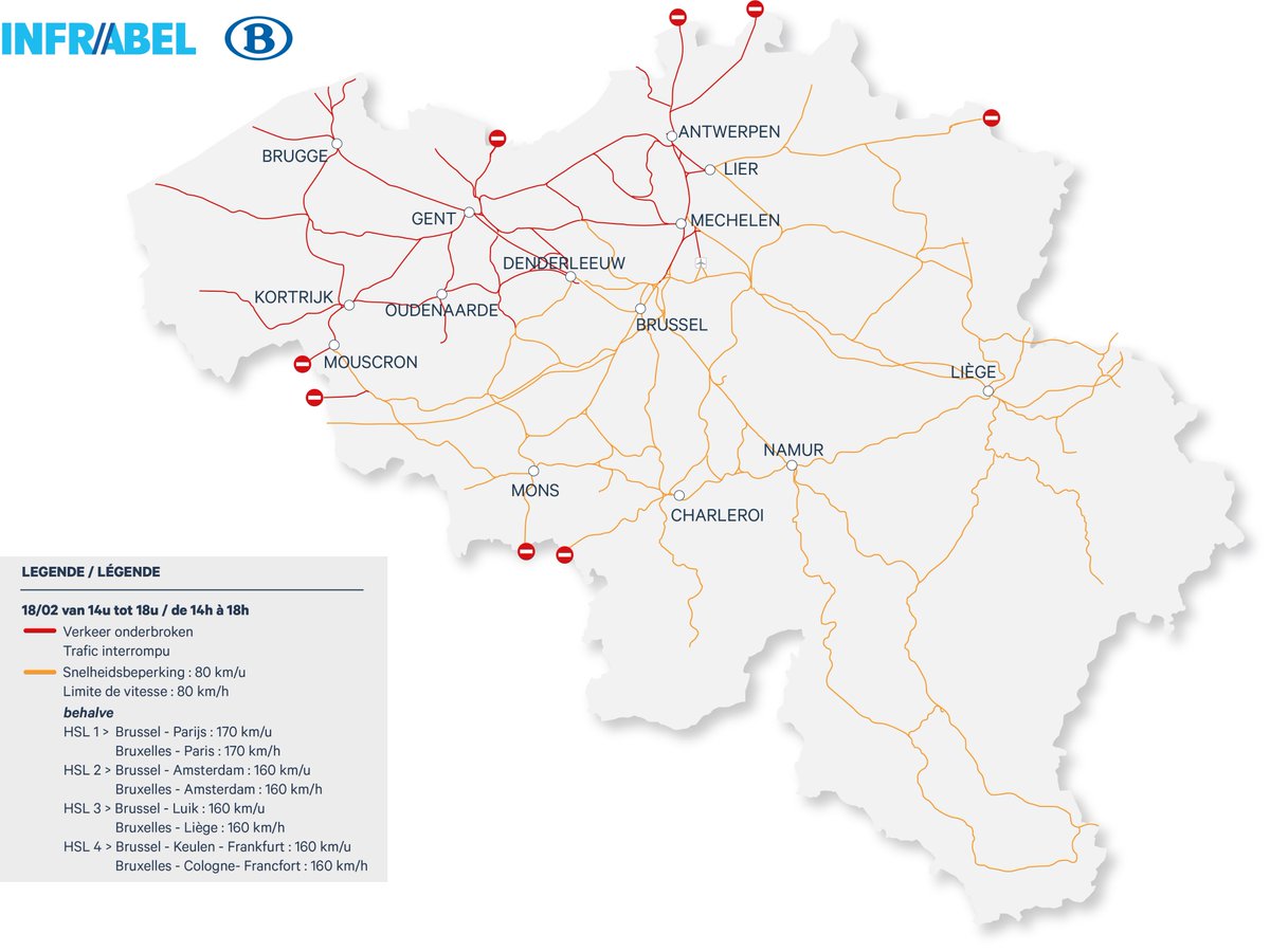 💨🌧 Storm #Eunice: aanpassingen van het treinverkeer vanaf 14u
🟥 Onderbroken treinverkeer op deze lijnen 
🟧 Snelheidsbeperking op de rest van het netwerk. Het treinverkeer zal ernstig verstoord zijn.
