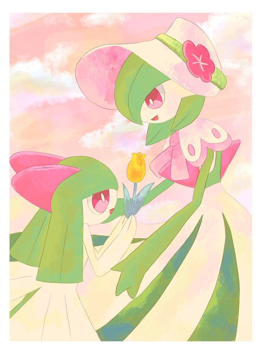 gardevoir pokemon (creature) flower smile open mouth hat green hair white border  illustration images