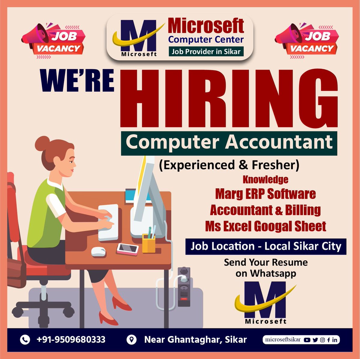 JobinSikar's tweet photo. #JOB_VACANCY WE'RE HIRING 2 #Computer Accountant ( Exp.  &amp; #Fresher 

#Whatsapp +91 #9509680333

#Job_Provider_in_Sikar
#Microseft_Computer_Sikar
#jobinsikar #jobprovider #sikar #microseftsikar #MICROSOFTSIKAR #margsoftware 
#tallyjobinsikar #Margjob  #accountingjobinsikar https://t.co/KTUCku8sNL
