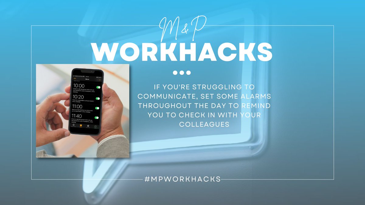 MearnsPike's tweet photo. It can be really hard to have frequent communication in a work from home environment. So why not set yourself some alarms throughout the day to remind you to contact and update your colleagues!
#PRCompany #Business #PR #LoveWhatYouDo #MPWorkHacks #WFH https://t.co/UDMnWgt6iT