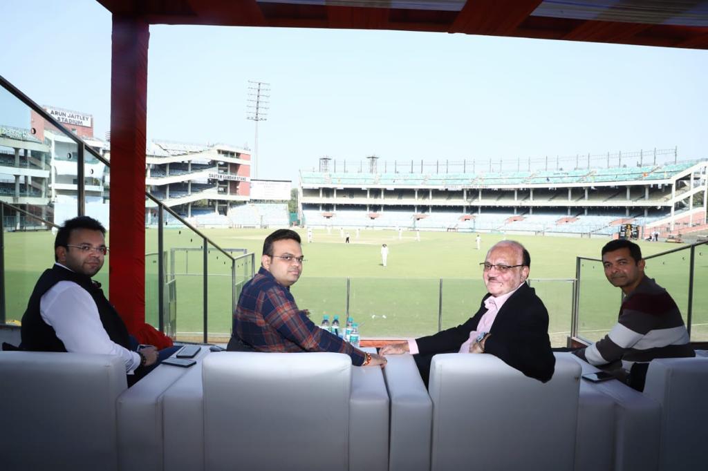 JayShah's tweet photo. Visited the Arun Jaitely Stadium to witness the Ranji Trophy Match between Punjab and Himachal Pradesh. Red ball cricket has its own distinct charm #RanjiTrophy https://t.co/bBsVPon0C2