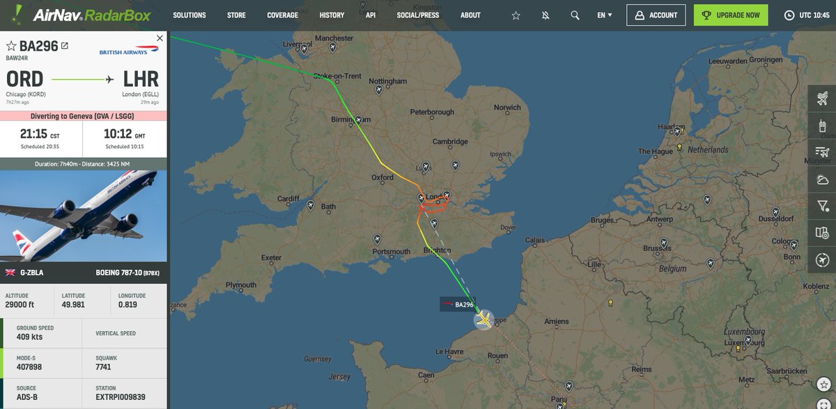 airlivenet's tweet photo. LIVE British Airways #BA296 could not land in Heathrow, now diverting to Geneva https://t.co/pvIREyZ4aO @RadarBox24 https://t.co/6k7ELe8TZq
