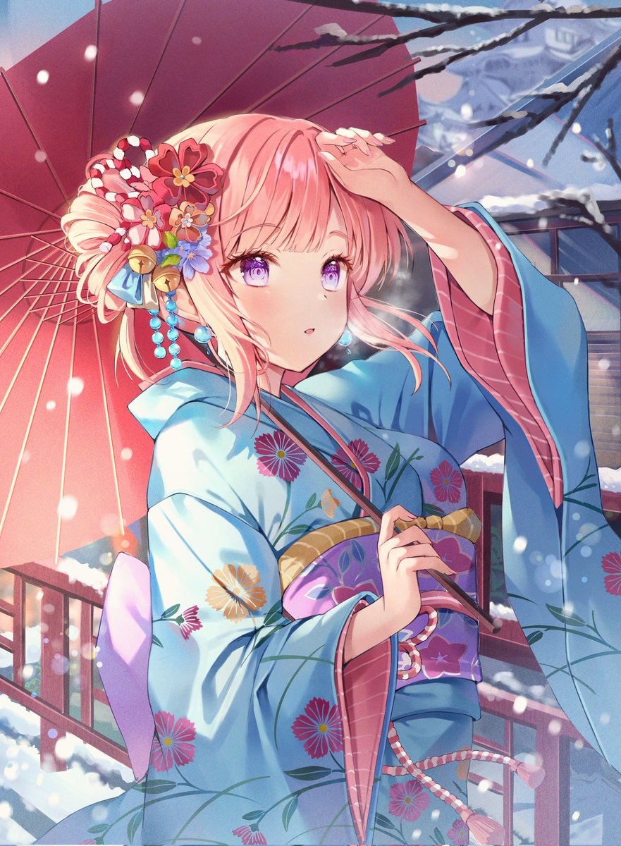 1girl japanese clothes kimono solo umbrella hair ornament pink hair  illustration images