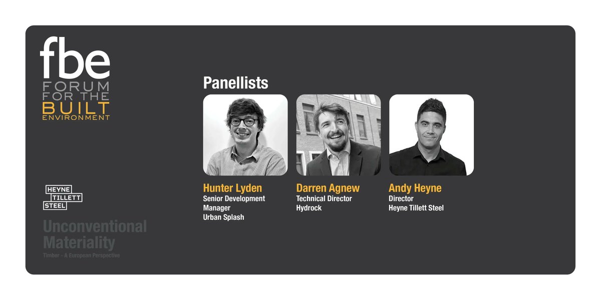 Meet the panel.

We love a good debate, and this one is shaping up nicely.

Hunter Lyden @urban_splash Darren Agnew @hydrocknews and Andy Heyne @HTS_London will bring it to life.

#TimberDesign

Info and bookings @ bit.ly/3u8lyQF