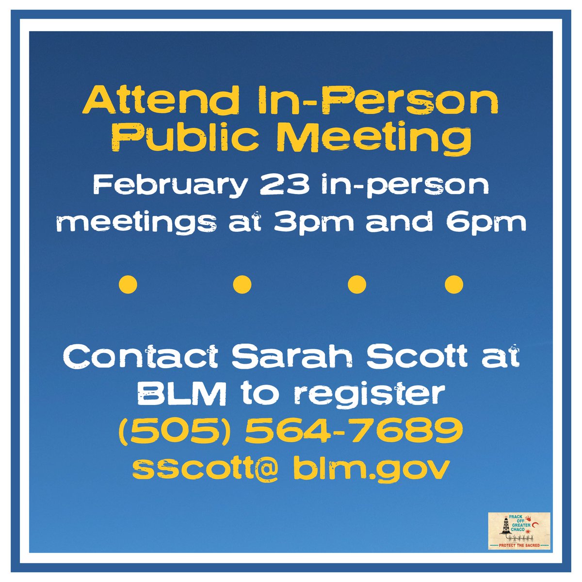 FrackOffChaco's tweet photo. .@Interior @BLMNational is hosting 2 public meetings on the proposed mineral leasing withdrawal. 2/23 is an in-person meeting in Farmington. 2/24 is a virtual meeting. 

Follow the link to register https://t.co/jHDi0Di0At

#FrackOffChaco #Fracking https://t.co/bOvDiMOe3E