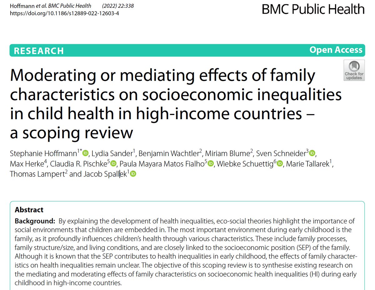 📰Family Characteristics contribute to #healthinequalities in early childhood!

The evidence regarding moderating and mediating effects is summarised in our newest Scoping Review, published now at <a href="/BioMedCentral/">BMC</a>: doi.org/10.1186/s12889…. Congratulations to all involved!

#for2723