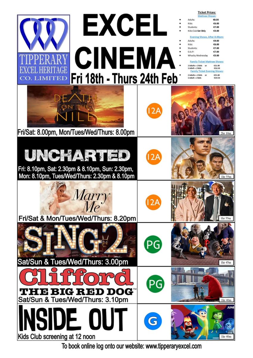 Tipperaryexcel (@tipperaryexcel) on Twitter photo ๐ฅ We have a packed cinema schedule coming up this week ๐ฅ Matinees are on for Midterm Break. Uncharted | Sing 2 | Clifford The Big Red Dog will keep the kids entertained.
๐ฒTo Book , click : tipperaryexcel.com/now-showing.htโฆ
#TimeToExcel #excelcinema #midtermmovies #entertainthekids ๐ฅ We have a packed cinema schedule coming up this week ๐ฅ Matinees are on for Midterm Break. Uncharted | Sing 2 | Clifford The Big Red Dog will keep the kids entertained.
๐ฒTo Book , click : tipperaryexcel.com/now-showing.htโฆ
#TimeToExcel #excelcinema #midtermmovies #entertainthekids