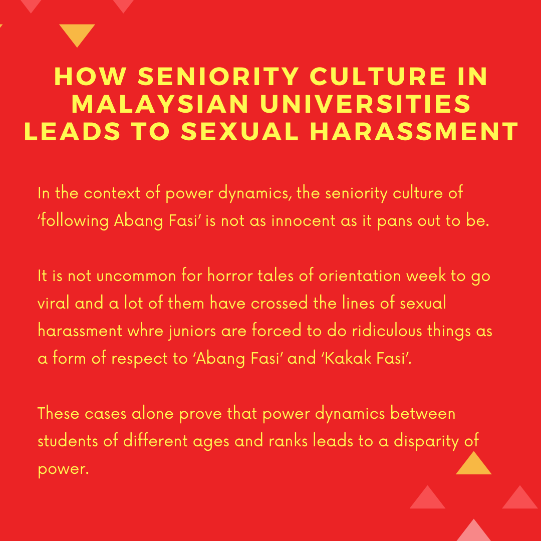dearHER18's tweet photo. “Seniority” mentality has been normalised for many decades in Malaysian campuses where older (read: seniors) would threaten younger (read: juniors) students to do horrendous  acts of sexual assault deemed as to show respect. Refusing these acts may bring punishment. https://t.co/h9RyQqRS6j