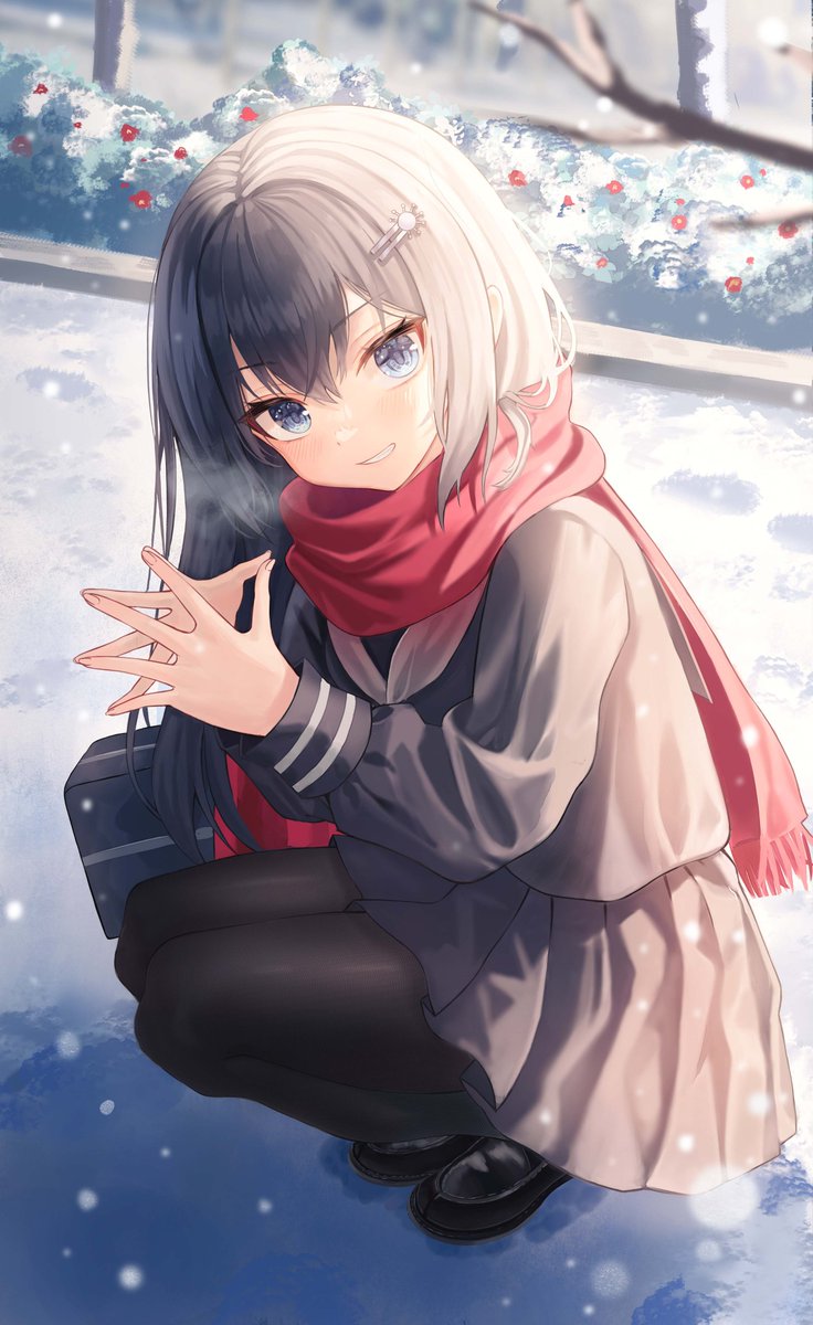1girl solo pantyhose scarf skirt school uniform red scarf  illustration images