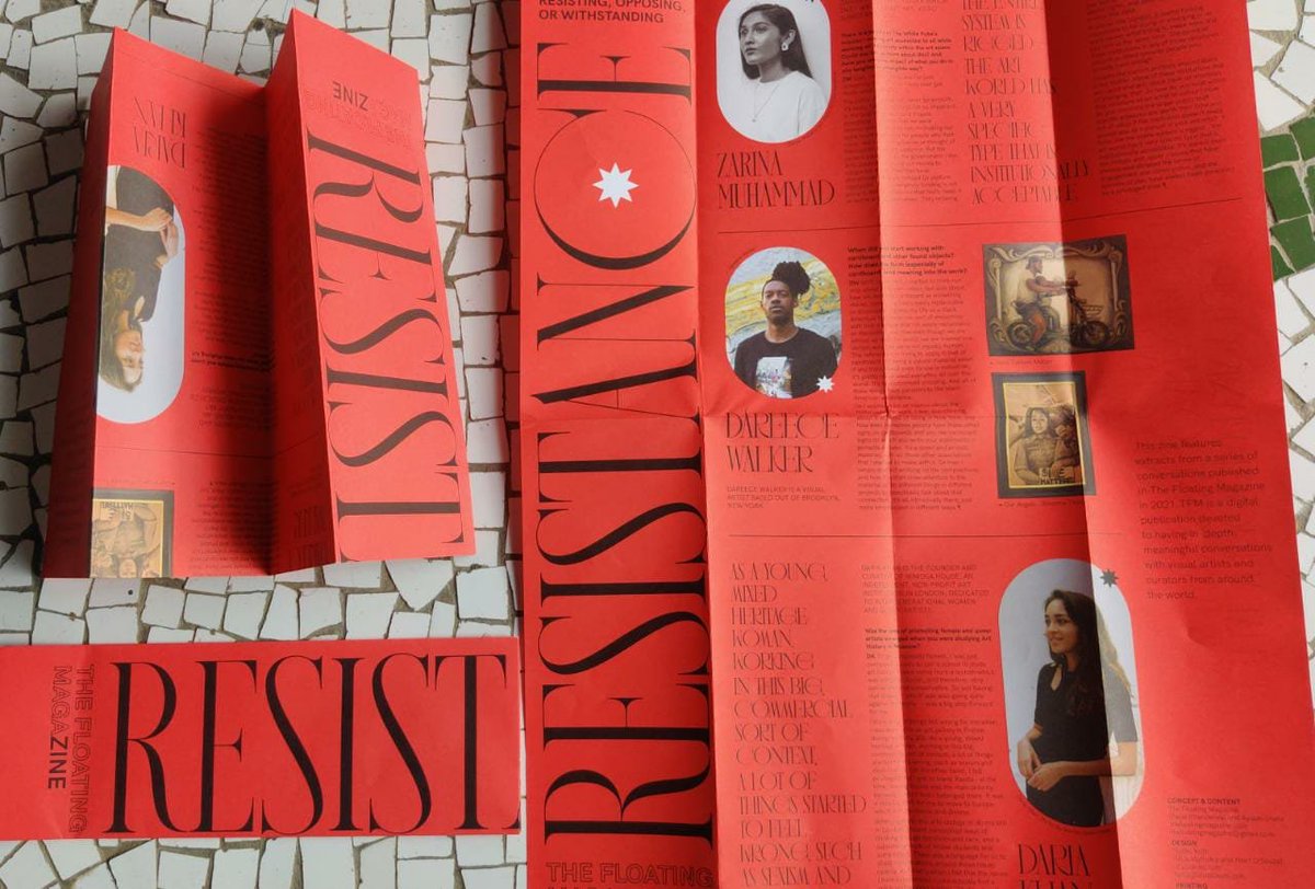 The innovative and superbly aesthetic print leaflet of the Floating Magazine on Resistance.

The Floating Magazine (TFM) is an independent digital publication dedicated to having meaningful conversations with contemporary visual artists.