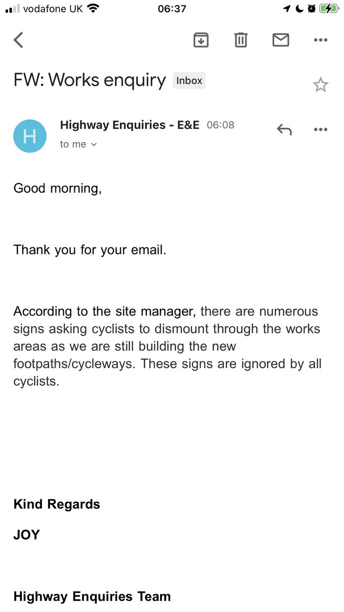 So I raise legitimate concerns about my safety travelling through the Botley Road roadworks on my bike and lack of adequate signage with <a href="/OxfordshireCC/">Oxfordshire County Council</a> and this is response I get. A cycling city? Not even close… <a href="/cycloxoxford/">Cyclox</a>