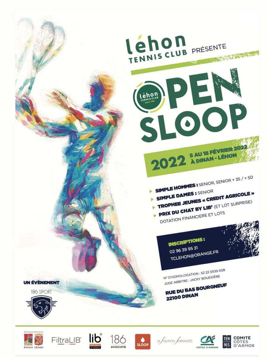L'équipe de 𝗟𝗔 𝗦𝗢𝗟𝗨𝗧𝗜𝗢𝗡 𝗙𝗢𝗥𝗠𝗔𝗟𝗜𝗧𝗘𝗦 vous attend ce vendredi 18 février pour assister aux finales de l'𝗢𝗽𝗲𝗻 𝗦𝗟𝗢𝗢𝗣, au Tennis CLUB Léhon, en Bretagne 🎾 
A ce soir ! 
👉 Avec <a href="/agence_sloop/">SLOOP</a> et @186legal 
#LaSolutionFormalités #Tennis #Léhon #Dinan #SLOOP