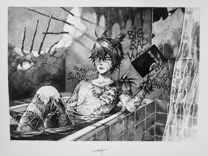 งานวิชาภาพประกอบบ อาจารย์ให้วาดอะไรก็ได้555 แต่ต้องมีฉากกก💀🐺🖤 