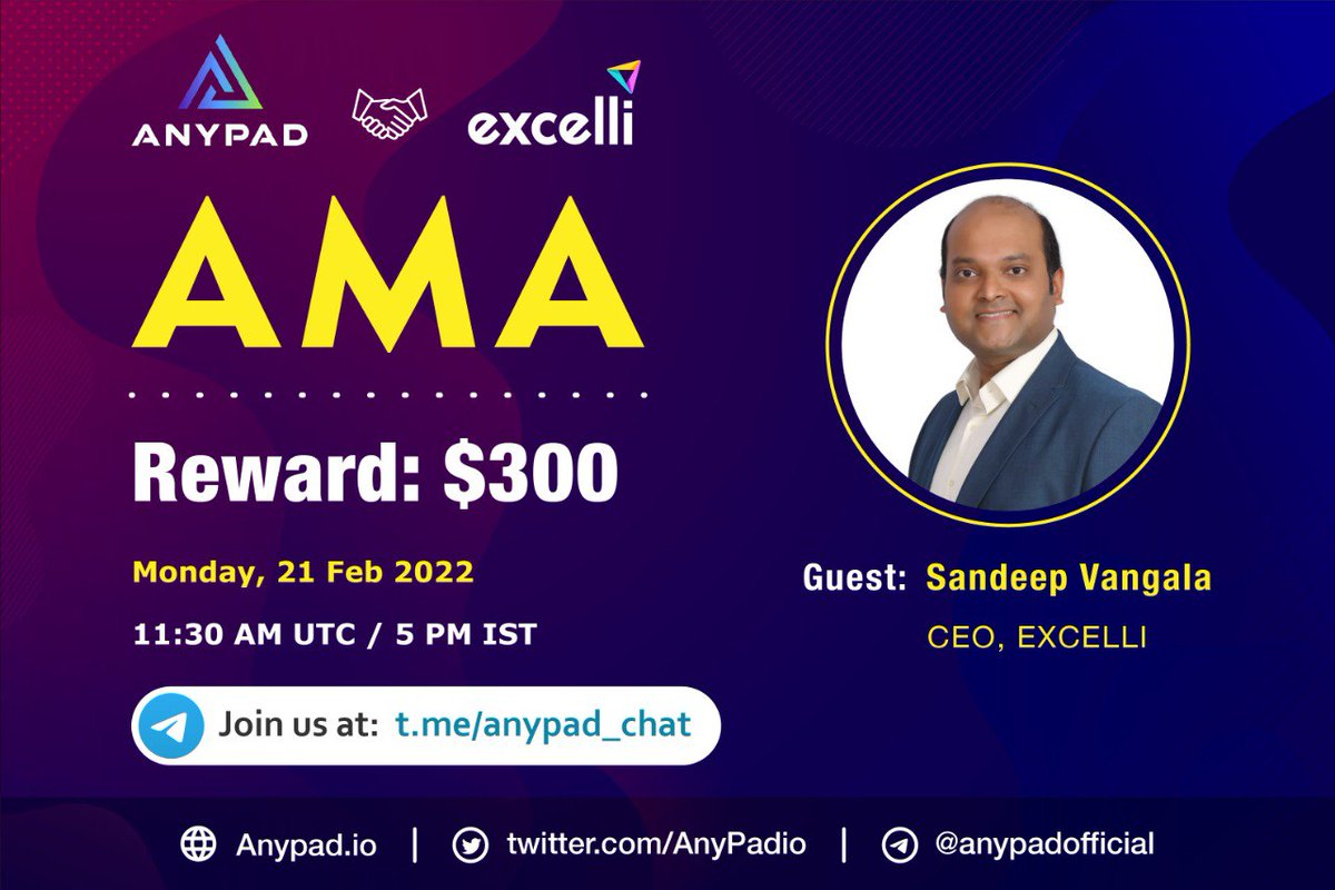 💌 AMA INVITATION 💌

🔹Anypad will be hosting a live Audio AMA session with the excelli team.

♟Venue: t.me/anypad_chat

🏆 Rewards: $300

🗓 Date: 21/02/2022

⏰ Time: 11:30 AM UTC/ 05:00 PM IST

Links:
✨x.com/ExcelliApp