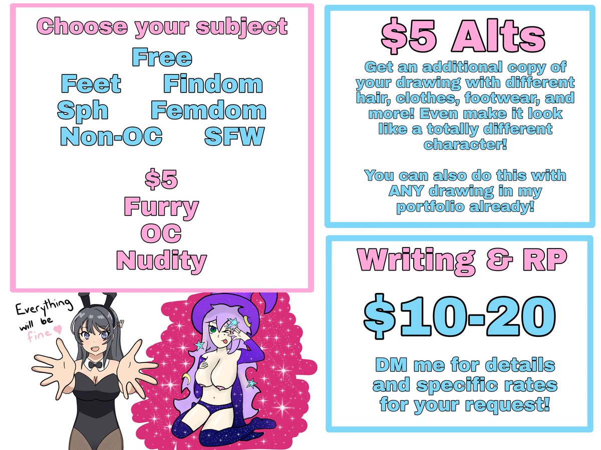 Waifubate's tweet photo. 2022 Commission Sheet!

Looking for a commission or just wanna support the artist? Here's all the basic info you could ask for about prices, rules, and where to contact me! Feel free to DM me with any inquiries or just to chat! https://t.co/TN9tmYXsp2