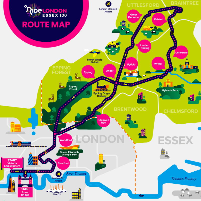 RideLondon's tweet photo. The route is here! 🤩 
 
We head out through Epping Forest and into Essex for a 65-mile loop of the county which includes a section of the 2014 Tour de France.
 
The return will be via Chelmsford before an epic finish at Tower Bridge. 
 
Tap below for more info ⬇️ 
 
#RideLondon